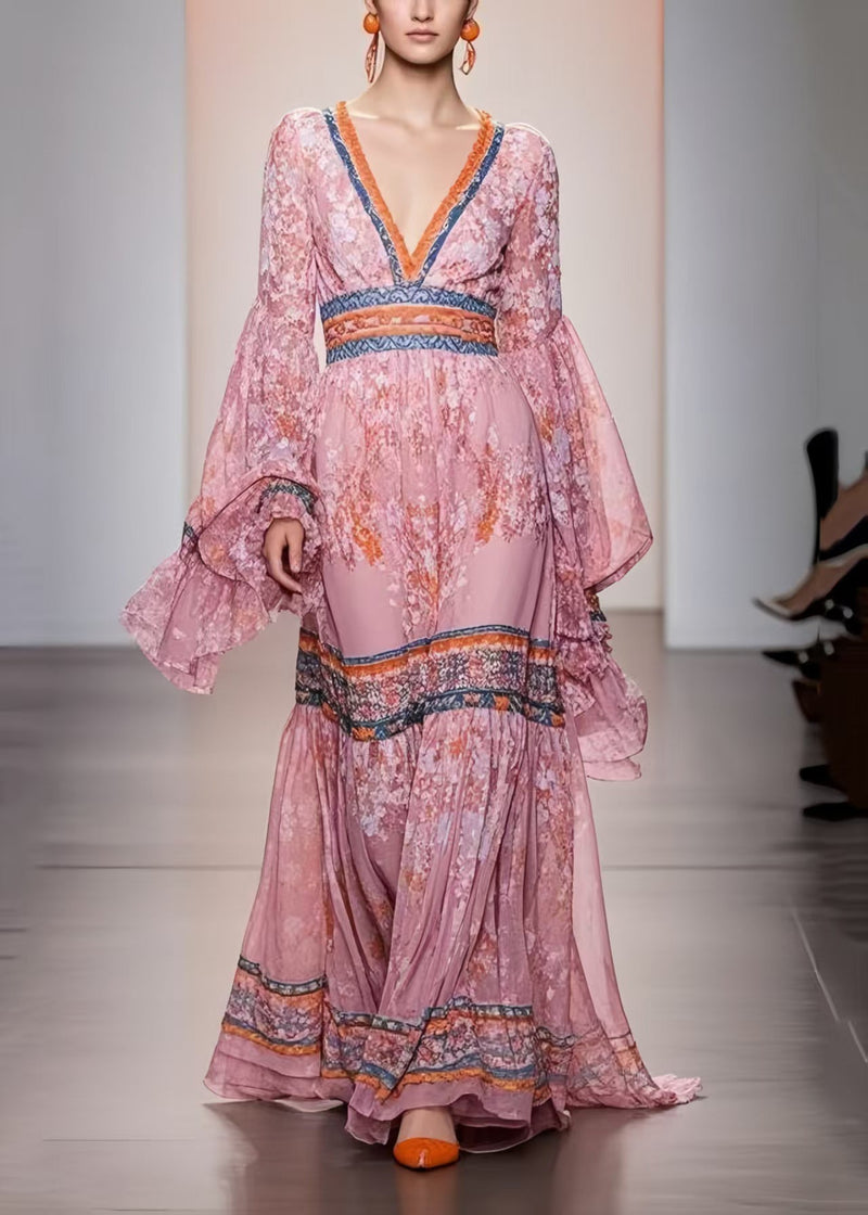 Pink V Neck Print Chiffon Holiday Dress Spring