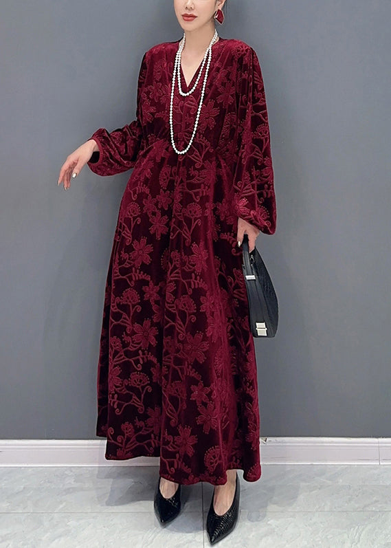 Red V Neck Jacquard Patchwork Velour Dresses Fall