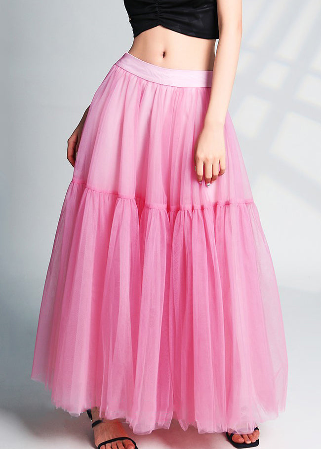 Pink Wrinkled High Waist Tulle Skirts Summer