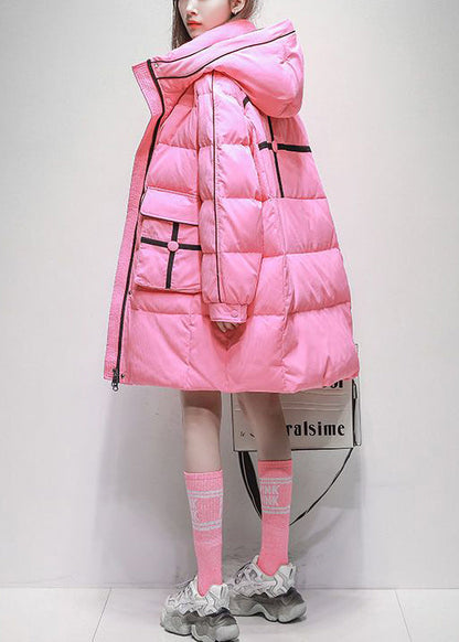 Pink Zip Up Pockets Hooded Duck Down Puffer Coat Winter