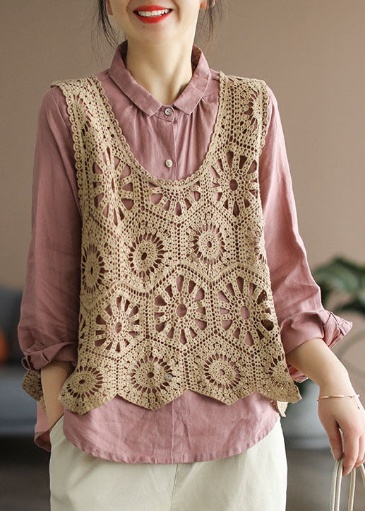 Beige Hollow Out Knit Vest Sleeveless