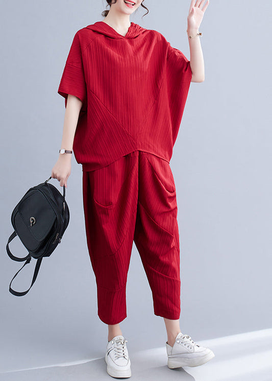 Mulberry Hooded Patchwork Two Piece Set Batwing Sleeve