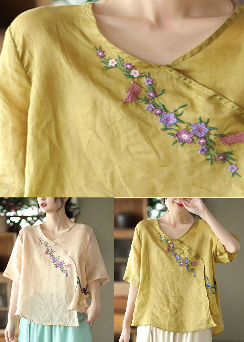 Unique Yellow V Neck Embroideried Linen T Shirt Half Sleeve