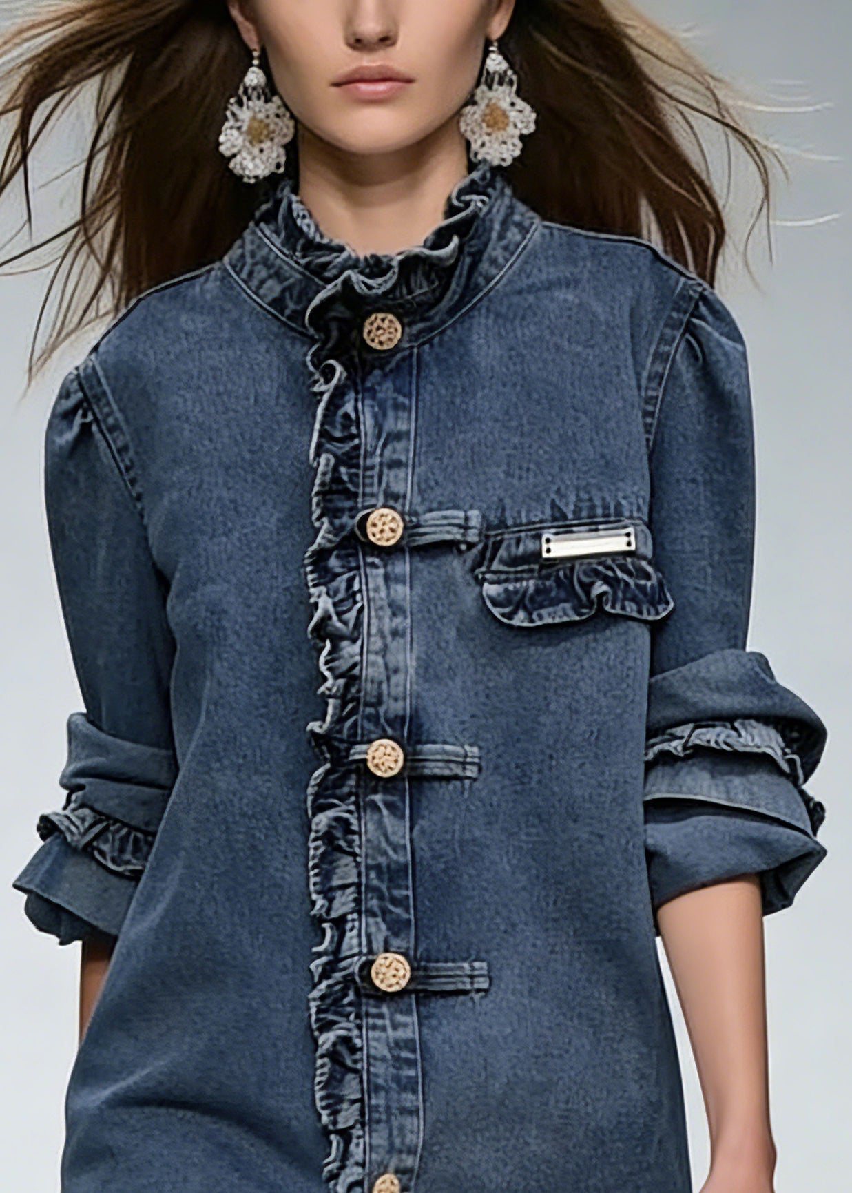 New Blue Ruffled Button Denim Coats Long Sleeve