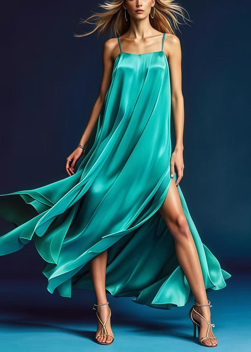 Green Side Open Draping Silk Spaghetti Strap Dress Dresses Summer