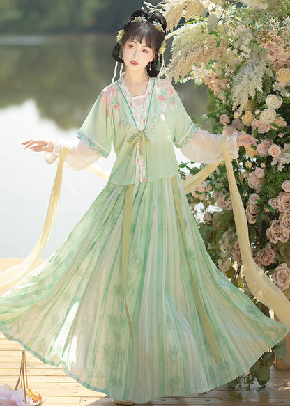 Chinese Style Light Green Embroideried Tops and Pleated Skirt Chiffontwo Pieces Set Fall