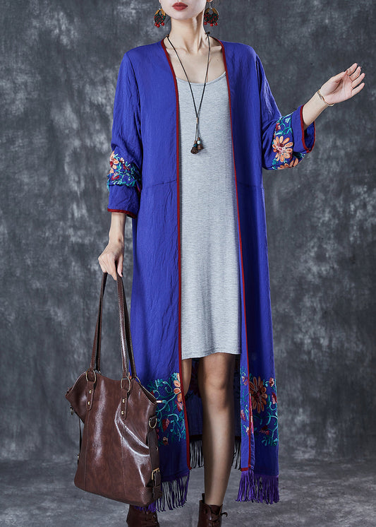 Blue Tasseled Embroidered Cotton Cardigan Fall
