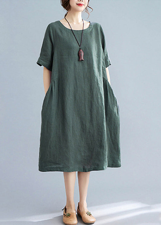 Handmade Green Wrinkled Linen Vacation Dresses Short Sleeve