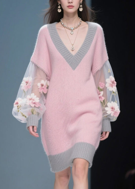 Pink Flower Patchwork Tulle Knit Sweater Dress Fall
