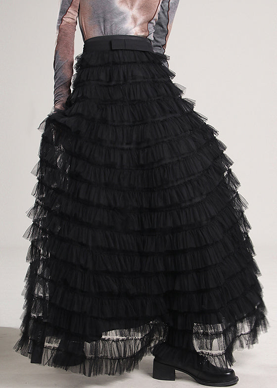 Black High Waist Tulle Pleated Skirt Spring