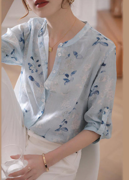 Light Blue Print Linen Top Bracelet Sleeve