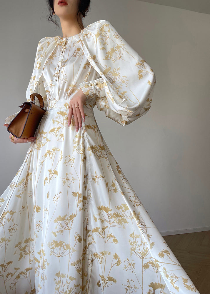 Classy White O-neck Print Silk Top and Skirts Two Pieces Set Fall