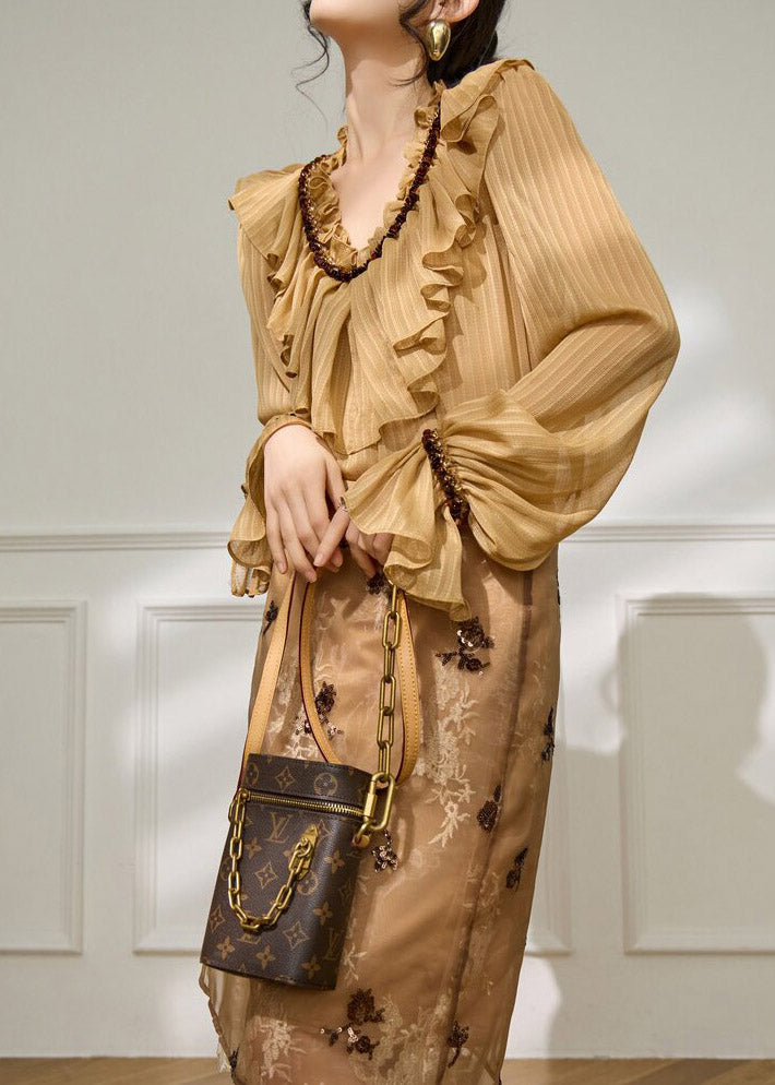 Brown Ruffled Patchwork Shirt Flare Sleeve
