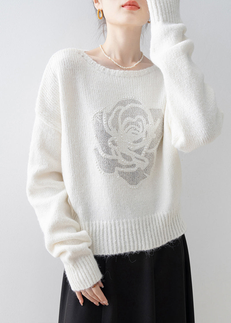 Fine White O Neck Zircon Knit Sweaters Spring