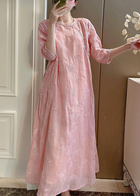 Pink Embroidered Button Linen Two-piece Set Half Sleeve