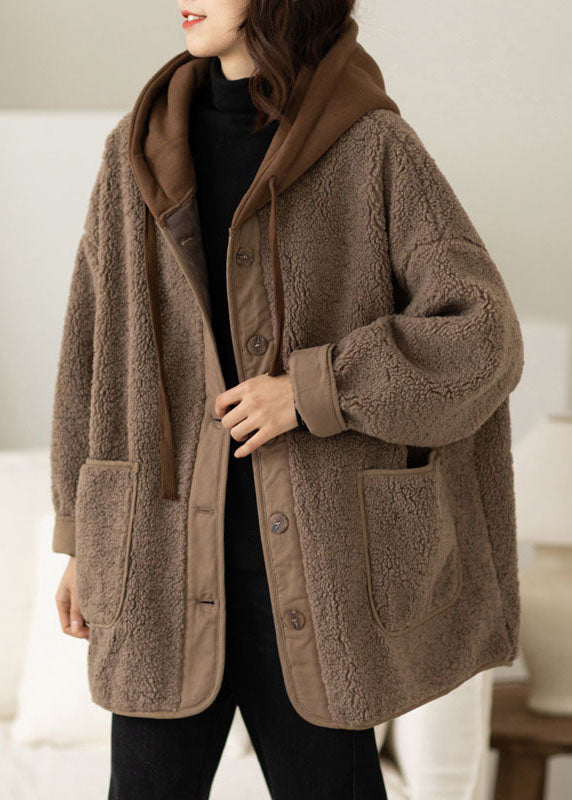 Coffee Patchwork Button Thick Faux Fur Hooded Coats Winter