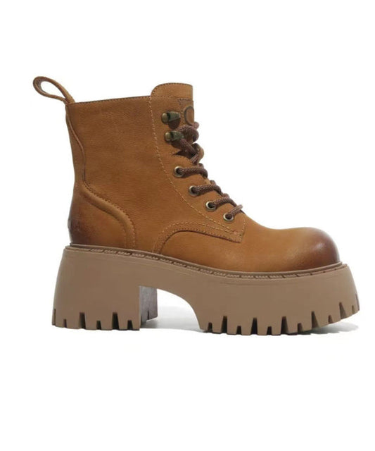 Cross Strap Splicing Chunky Boots Light Brown Cowhide Leather