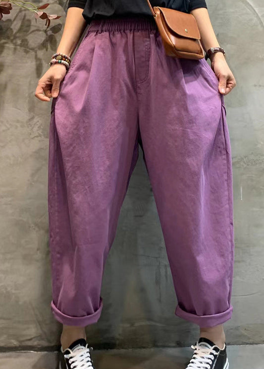 Modern Purple Elastic Waist Pockets Cotton Harem Pants Spring