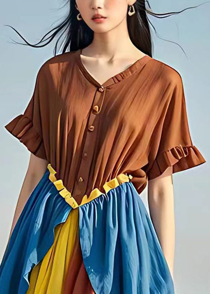 Brown Ruffled Button Patchwork Cotton Dresses Summer
