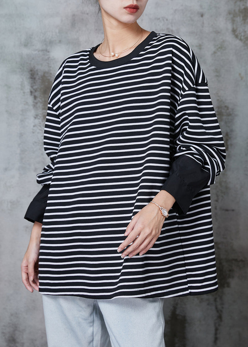 Black Zip Up Striped Cotton Pullover Spring