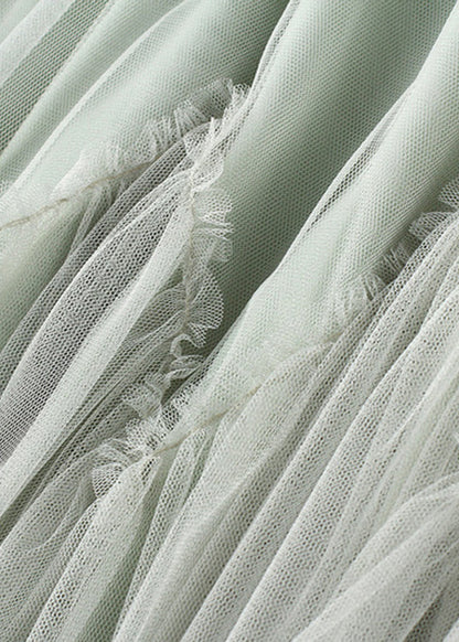 Green Asymmetrical Elastic Waist Tulle Pleated Skirt Summer