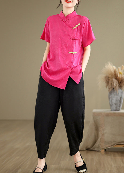 Rose Jacquard Chinese Button Silk Top Summer