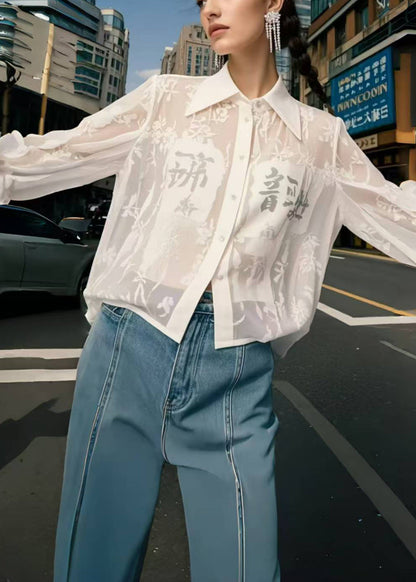 White Print Chiffon Upf 50+ Shirts Spring