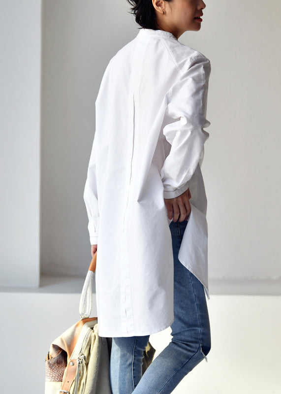 White O-neck Low High Design Button Cotton Shirt Long Sleeve