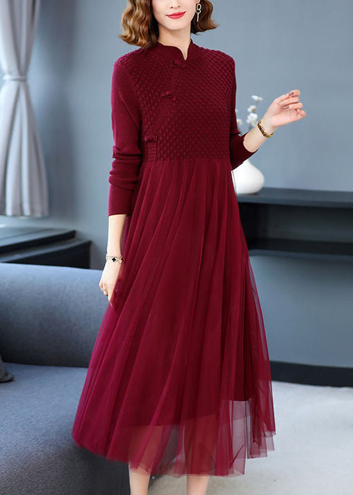 Wine Red Wrinkled Patchwork Knit Sweater Dress Long Sleeve