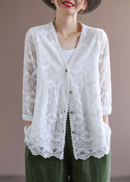White V Neck Embroideried Lace Cardigans Tops Spring