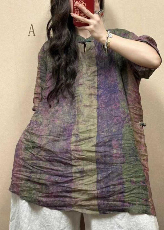 Stand Collar Oriental Button Cotton Mid Dress Summer