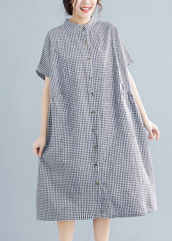 Black White Plaid Cotton Pockets Summer Dress