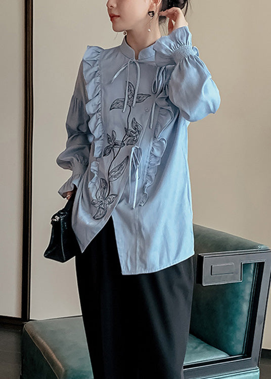 Blue Stand Collar Ruffled Print Tie Waist Button Shirt Long Sleeve