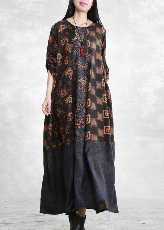 French Blue O-neck Pockets Patchwork Long Dresses Long Sleeve