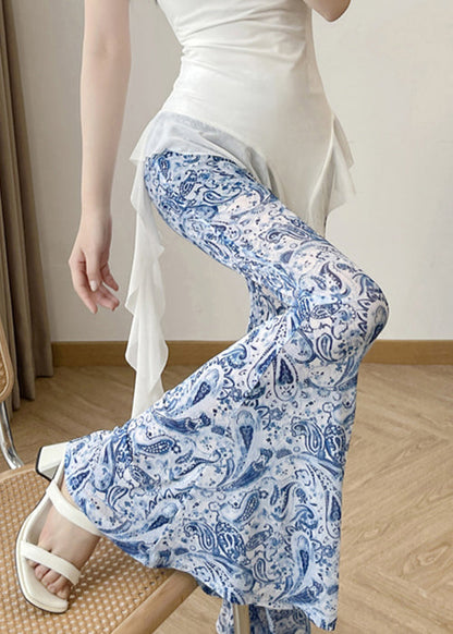 Blue Print High Waist Tulle Flare Bottoms Summer