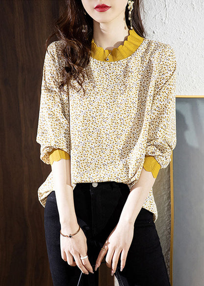 Yellow Stand Collar Print Chiffon Shirt Top Spring
