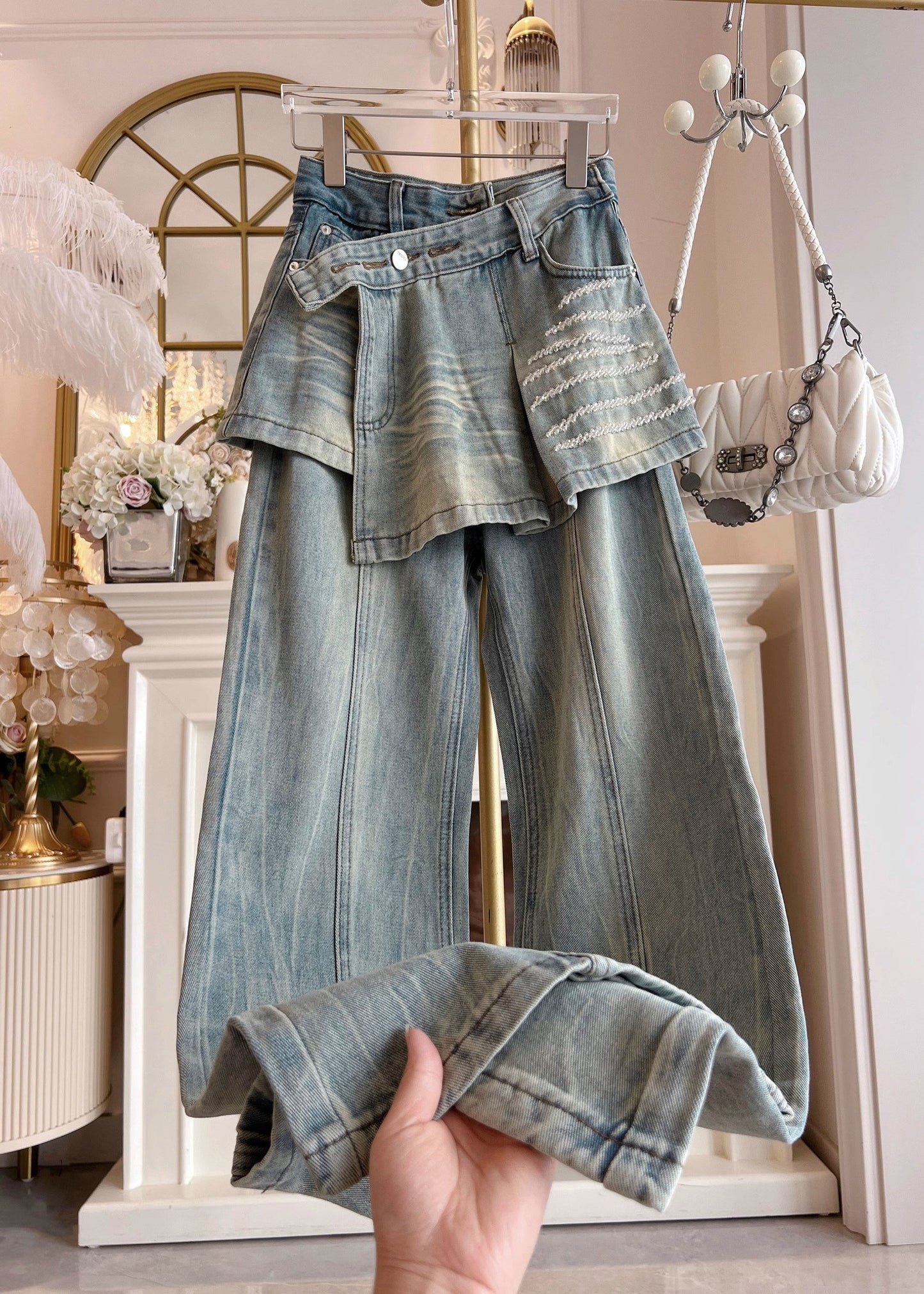Blue Pockets False Two Pieces Patchwork Denim Pants Fall
