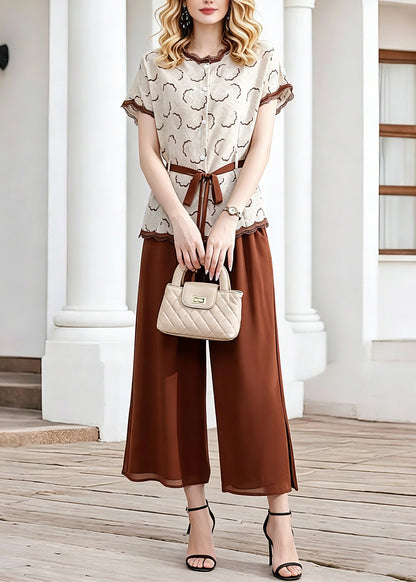 Coffee Tie Waist Chiffon Tops and Crop Pants Two Piece Set Short Sleeve