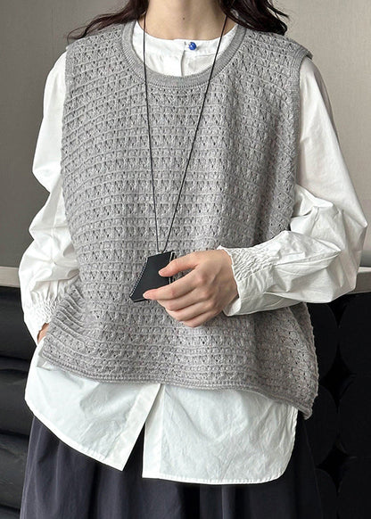 Grey O Neck Hollow Out Knit Vest Sleeveless