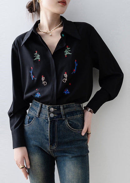 Black Embroidered Chiffon Blouse Tops Spring