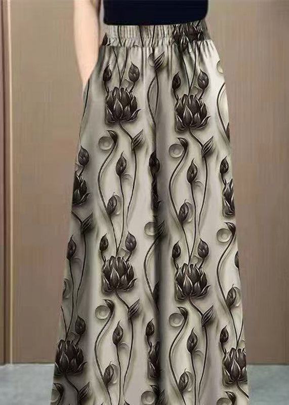 Loose Yellow Print Elastic Waist Ice Silk Pants Spring