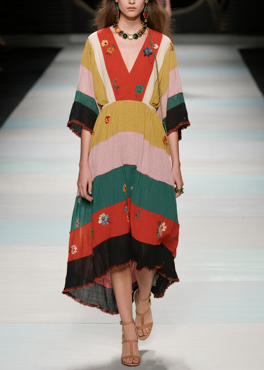 Natural V Neck Patchwork Cotton Long Dress Summer