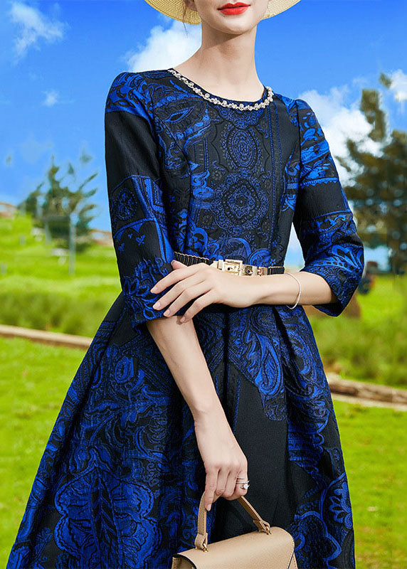 French Blue O-neck Jacquard Sashes Long Dresses Bracelet Sleeve