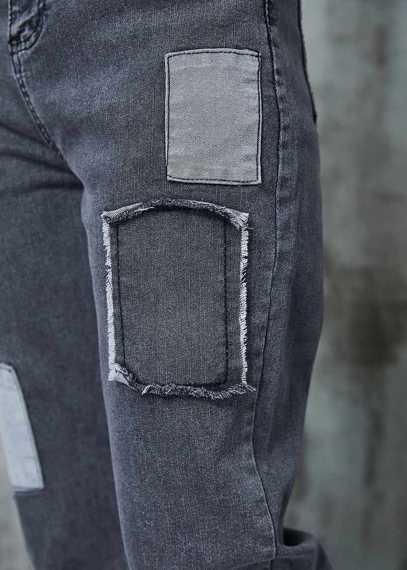 Grey Silm Fit Patchwork Applique Denim Pants Spring