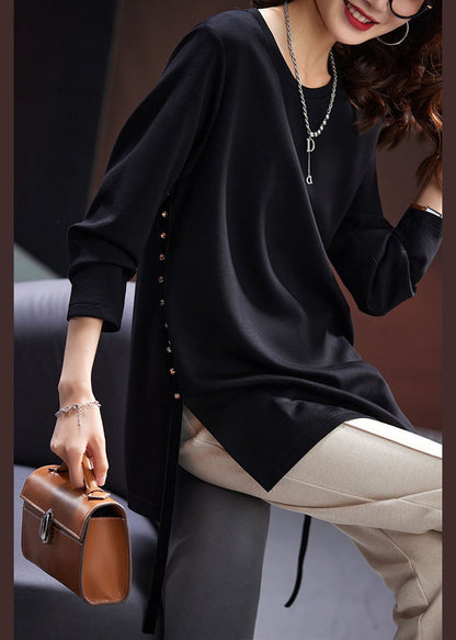 Simple Black Zircon Side Open Cotton T Shirt Spring