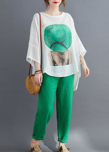 Green Cotton Loose Two Pieces Set O-neck Low High Design Batwing Sleeve