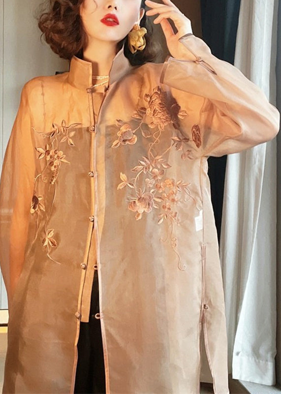 Light Brown Embroideried Side Open Sashes Silk Shir Long Sleeve