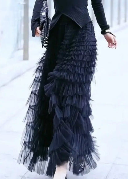Black Wrinkled High Waist Patchwork Tulle Skirt Spring