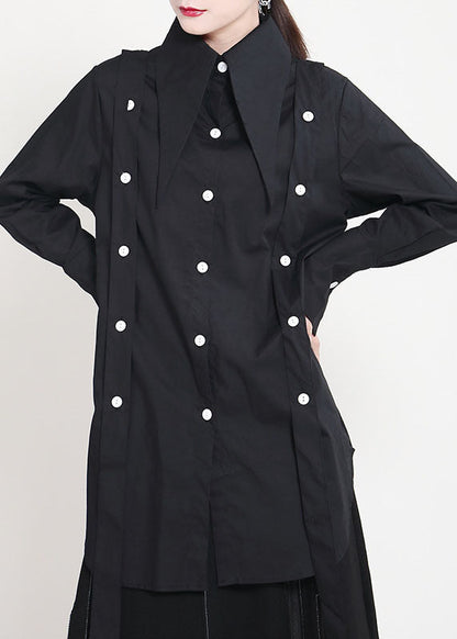 Black Peter Pan Collar Button Asymmetrical Design Patchwork Fall Shirts Long Sleeve