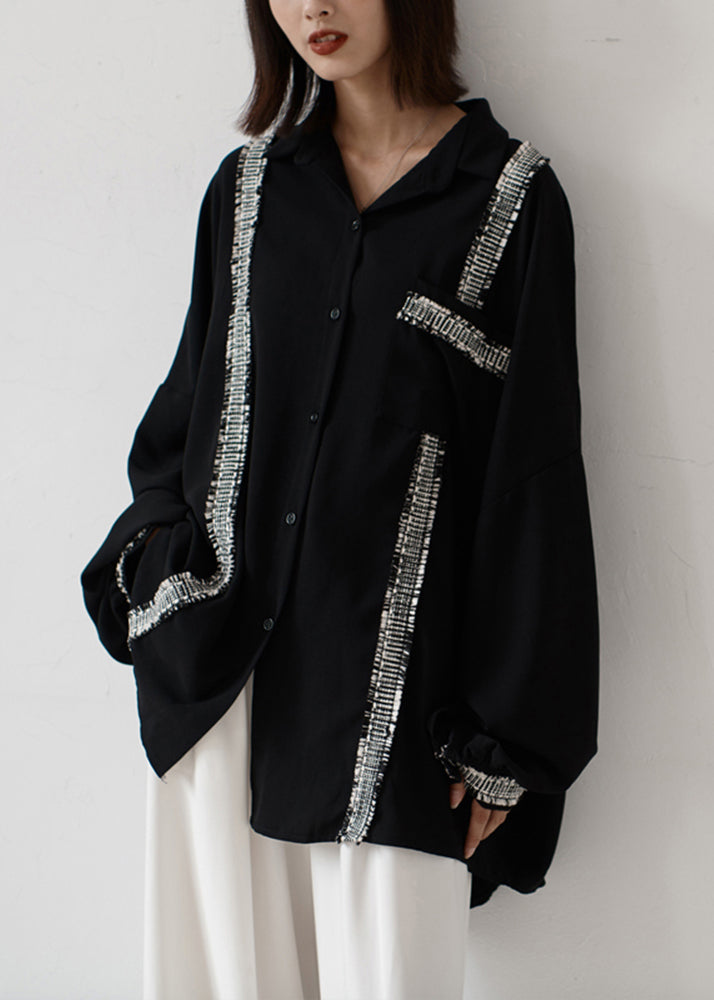 Black Button Pockets Patchwork Chiffon Shirt Fall
